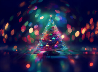 Poster - A glowing Christmas tree stands adorned with colorful ornaments, surrounded by a bokeh of festive lights, creating a magical, holiday atmosphere.