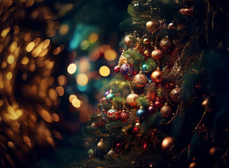 Poster - A richly decorated Christmas tree glows with colorful ornaments against a bokeh background of warm, golden lights.  The scene evokes feelings of warmth, nostalgia, and holiday cheer.