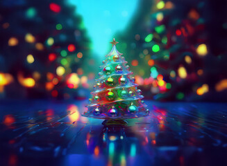 Poster - A miniature Christmas tree with colorful ornaments stands on a reflective surface, surrounded by a bokeh of twinkling lights, creating a magical holiday scene.