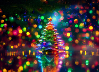 Poster - A vibrant, colorful Christmas tree stands out against a bokeh background of twinkling lights.  The tree is adorned with shiny ornaments, creating a festive and magical scene.