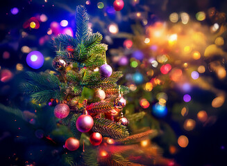 Poster - A vibrant Christmas tree adorned with colorful ornaments, sparkling lights, and a magical, festive bokeh background.  The scene is filled with holiday cheer and wonder.