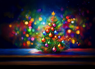 Poster - A vibrant, colorful Christmas tree adorned with shiny ornaments sits on a wooden surface against a bokeh background.  The scene is magical and festive, perfect for the holiday season.