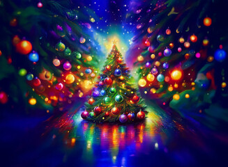 Poster - A vibrant Christmas tree, adorned with colorful ornaments, stands proudly, reflecting in a shimmering, rainbow-hued floor. Surrounding trees twinkle with lights, creating a magical, festive atmosphere