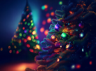 Poster - Two illuminated Christmas trees sparkle in a dimly lit room.  Colorful ornaments adorn the closer tree, creating a festive, magical atmosphere.