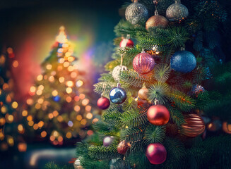 Poster - A beautifully decorated Christmas tree glows brightly, adorned with colorful ornaments.  Soft, warm lighting enhances the festive atmosphere, with a blurred background suggesting more Christmas trees.