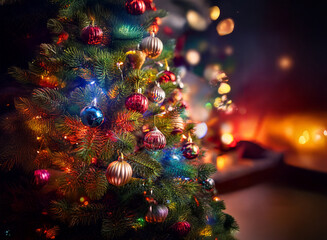 Poster - A beautifully decorated Christmas tree glows with colorful ornaments and twinkling lights, creating a warm and festive ambiance.  The blurred background hints at a cozy room filled with the soft glow 