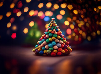 Poster - A miniature Christmas tree, crafted from colorful, textured spheres, sits on a dark surface.  Warm bokeh lights form a festive backdrop.