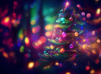 Poster - A vibrant, colorful Christmas tree stands in a magical, bokeh-filled forest.  Its ornaments shimmer, reflecting the enchanting lights.