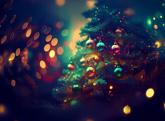 Poster - A beautifully decorated Christmas tree glows with colorful ornaments and twinkling lights against a bokeh background.  The scene evokes a warm, festive atmosphere.