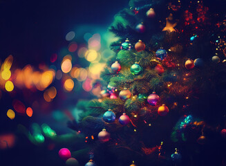 Poster - A beautifully decorated Christmas tree glows with colorful ornaments and lights against a backdrop of shimmering bokeh.  The festive scene evokes warmth and holiday cheer.
