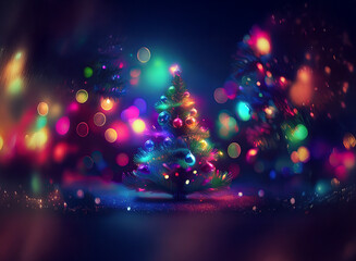 Poster - A vibrant, colorful Christmas tree glows brightly, surrounded by a bokeh of multicolored lights, creating a magical, festive scene.  Sparkles and glitter add to the enchanting atmosphere.