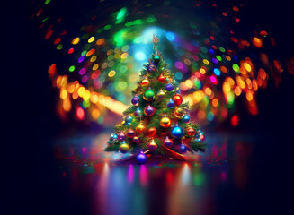 Poster - A vibrant Christmas tree stands adorned with colorful ornaments, reflecting in a glossy surface.  Surrounding it, a kaleidoscope of blurred lights creates a magical, festive atmosphere.