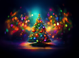 Poster - A vibrant Christmas tree adorned with colorful ornaments stands against a bokeh backdrop of twinkling lights, creating a magical holiday scene.  The star on top adds to the festive cheer.