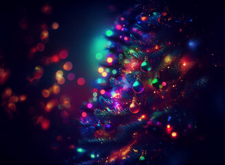 Poster - A vibrant Christmas tree adorned with colorful lights and ornaments, set against a backdrop of sparkling bokeh.  The scene is dark and moody, yet festive and magical.