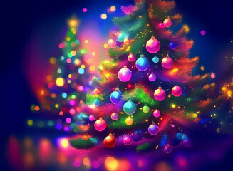 Poster - Vibrant, colorful Christmas trees adorned with glowing ornaments and twinkling lights. Festive, magical winter scene.