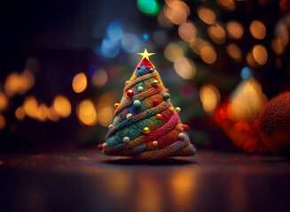 Poster - A vibrant, yarn-wrapped Christmas tree stands out against a bokeh background of warm lights.  The star atop glows brightly, symbolizing festive cheer.