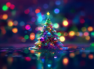 Poster - A vibrant, colorful Christmas tree stands adorned with ornaments, its reflection shimmering on a dark, glistening surface.  Surrounding it is a bokeh of multicolored lights, creating a magical, festiv