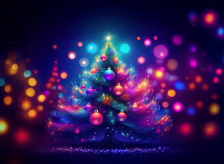 Poster - A vibrant, glowing Christmas tree stands amidst a flurry of colorful bokeh lights, creating a magical, festive scene.  The tree is adorned with bright ornaments and sparkles.