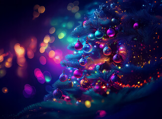 Poster - A vibrant, glowing Christmas tree adorned with colorful ornaments and twinkling lights against a dark, bokeh-filled background.  The scene is magical and festive.