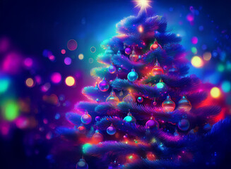 Poster - A vibrant, digitally painted Christmas tree glows with colorful ornaments and bokeh lights against a dark blue background.  The festive scene is whimsical and magical.