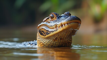 Wall Mural - Close-up of a young spectacled caiman's head emerging from dark water, its textured skin and sharp teeth visible.