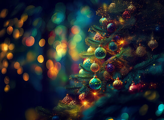 Poster - A beautifully decorated Christmas tree sparkles with colorful ornaments and warm lights against a softly blurred background of bokeh.  The scene evokes feelings of warmth, joy, and the magic of the ho