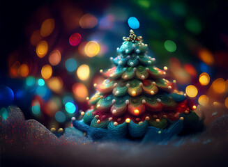 Poster - A whimsical, miniature Christmas tree adorned with pearls and warm lights sits on a snowy base, bathed in a colorful bokeh backdrop.