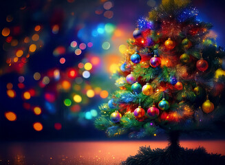 Poster - A vibrantly decorated Christmas tree gleams with colorful ornaments and twinkling lights against a bokeh backdrop. Festive cheer and winter magic fill the scene.
