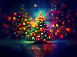 Poster - A vibrant, colorful Christmas tree stands tall, adorned with shining ornaments, reflecting in a shimmering pool. Surrounding it, a bokeh of lights creates a magical, festive atmosphere.