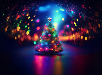 Poster - A vibrant Christmas tree, adorned with colorful lights and ornaments, stands illuminated against a bokeh background of swirling, multicolored lights.  The scene evokes a magical, festive atmosphere.