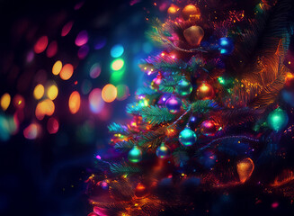 Poster - A vibrantly lit Christmas tree adorned with colorful ornaments and twinkling lights against a bokeh background.  The festive scene evokes a magical, celebratory atmosphere.