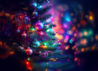 Poster - A vibrantly lit Christmas tree adorned with colorful ornaments, glowing with a magical, festive ambiance. The bokeh effect adds to the enchanting scene.