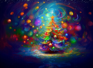Poster - A vibrant, colorful Christmas tree glows brightly, adorned with ornaments and surrounded by swirling lights and falling baubles in a magical, painterly style.