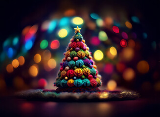 Poster - A vibrant, miniature knitted Christmas tree sits on a dark surface, adorned with colorful ornaments.  A bokeh background of twinkling lights creates a festive atmosphere.