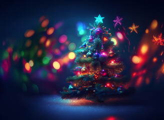 Poster - A vibrant Christmas tree adorned with colorful ornaments and twinkling lights, set against a bokeh background of festive lights.  A magical, winter wonderland scene.