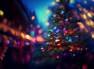 Poster - A vibrant Christmas tree adorned with colorful ornaments glows brightly against a backdrop of twinkling city lights, creating a festive and magical winter scene.