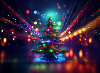 Poster - A vibrant, digitally rendered Christmas tree sparkles with colorful lights, set against a backdrop of radiant streaks and bokeh. The festive scene evokes joy and wonder.