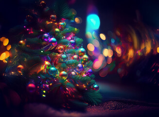 Poster - A vibrant, multicolored Christmas tree glows in the dark, adorned with iridescent ornaments and surrounded by shimmering bokeh lights.  The scene evokes a magical, festive atmosphere.