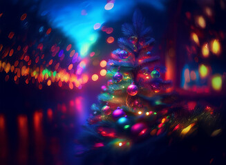 Poster - A vibrant, miniature Christmas tree glows with colorful lights against a backdrop of blurred, bokeh-filled city lights.  The scene evokes a magical, festive atmosphere.