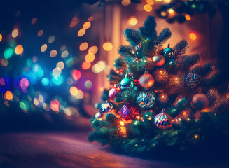 Poster - A beautifully decorated Christmas tree stands on a wooden floor, illuminated by warm lights and a bokeh of colorful lights in the background. The festive scene evokes feelings of warmth and holiday ch