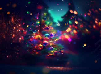 Poster - A vibrant, colorful Christmas tree adorned with shimmering ornaments glows brightly against a dark, bokeh-filled background.  Sparkling lights and a magical atmosphere surround the festive scene.