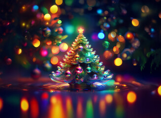 Poster - A miniature glass Christmas tree glows brightly, adorned with colorful ornaments, reflecting in a shimmering surface amidst a bokeh of festive lights.