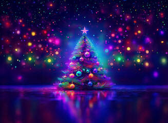 Poster - A vibrant, neon-lit Christmas tree glows brightly against a dark, sparkly background.  Colorful ornaments adorn its branches, reflecting in the shimmering ground below. Festive lights and falling snow