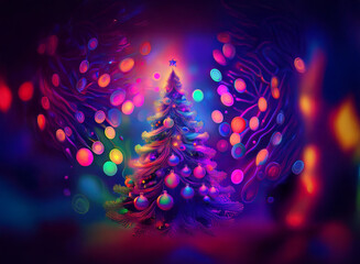Poster - A vibrant, surreal Christmas tree glows with colorful lights and abstract, swirling decorations.  The scene is dreamy and festive, perfect for a holiday card.