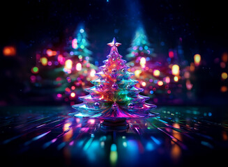 Poster - A vibrant, iridescent Christmas tree takes center stage, glowing with multicolored lights against a bokeh background of similarly decorated trees.  The reflective surface amplifies the festive illumin