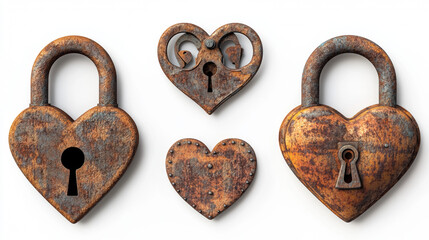 Poster - Old metal padlocks isolated on white background. Symbol of safety, privacy and security. Vector realistic set of open and closed rusty locks in heart shape with scratches