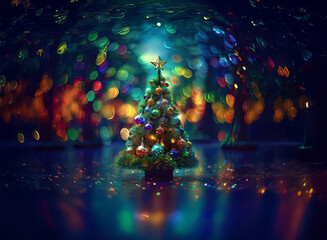 Poster - A vibrant Christmas tree stands adorned with colorful ornaments, encircled by a magical bokeh of lights resembling a whimsical forest.  The scene is filled with festive cheer and wonder.