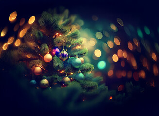 Poster - A beautifully decorated Christmas tree glows softly in the night, surrounded by warm, colorful bokeh lights.  The ornaments shimmer, creating a magical, festive ambiance.
