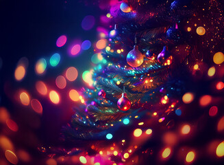 Poster - A vibrant Christmas tree glows with colorful lights and ornaments, surrounded by a bokeh of sparkling lights.  The scene evokes a feeling of warmth and festive cheer.