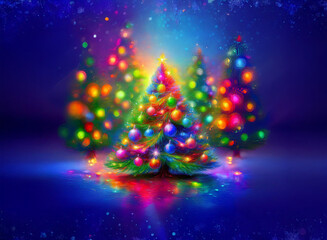 Poster - Three vibrant Christmas trees glow with colorful lights against a dark blue, sparkly background.  Their reflections shimmer on the ground, creating a magical winter scene.